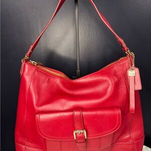 Coach Red Leather Shoulder Bag Hobo Purse Gold Hardware Front Buckle Pocket